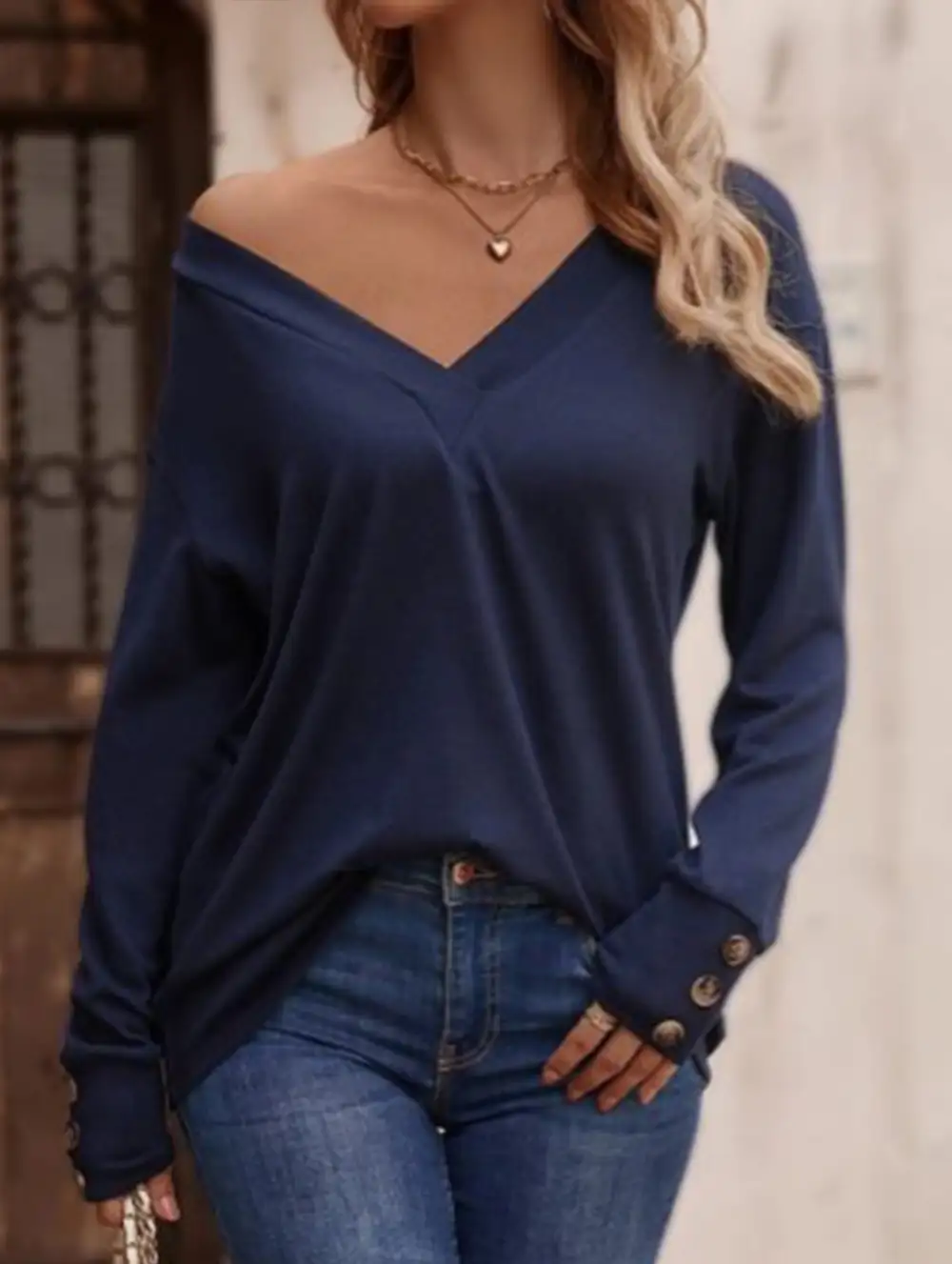V Neck Button Loose Long Sleeve Tee