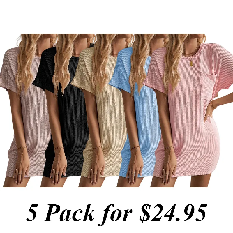 5PACK-Women's Wave Striped Casual Dress Loose Pocket Dress Home Furnishing Collection Fabric Short Basic Shortsleeve Summer Womenswear