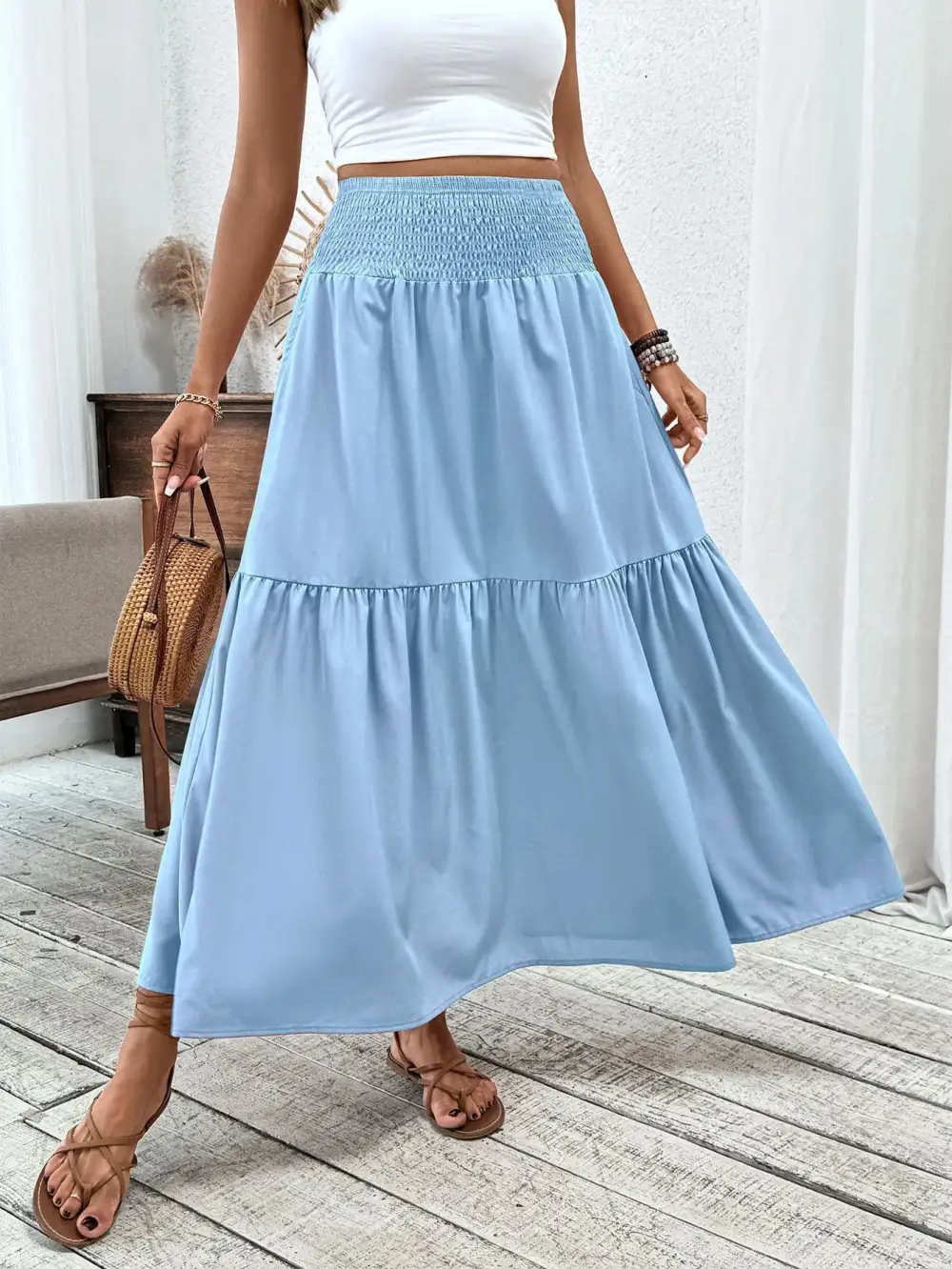 Minimal Denim Floral Printed Skirt