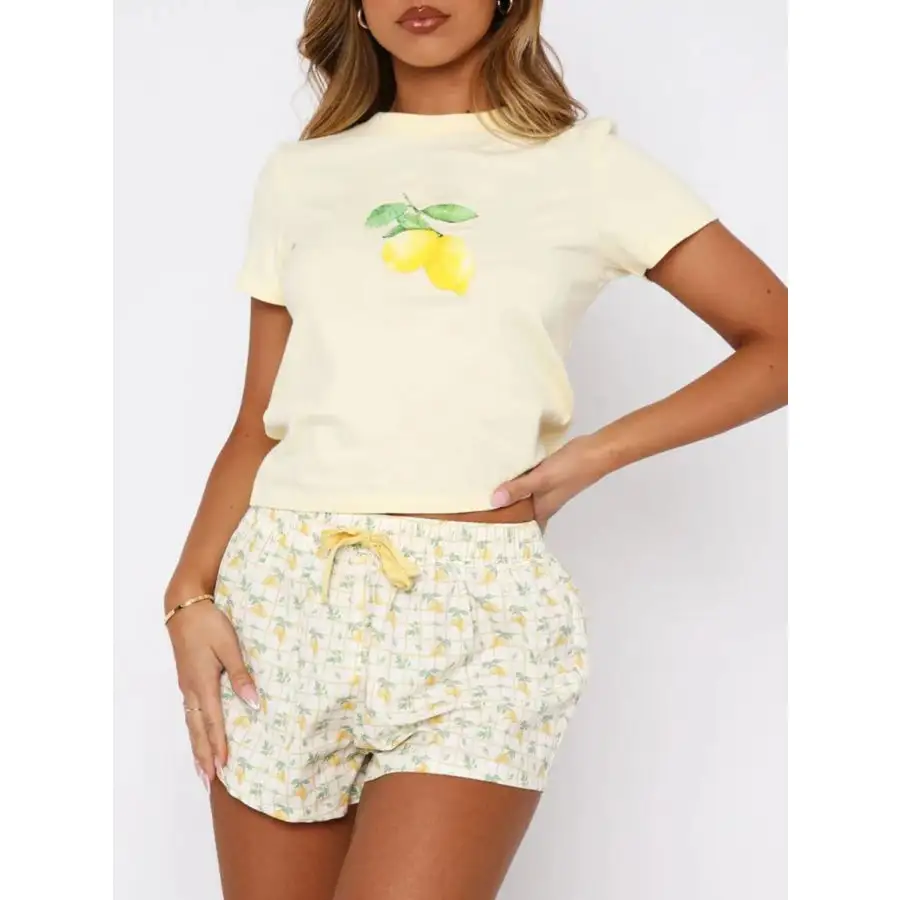 Printed Round Neck Short Sleeve Top and Drawstring Shorts Set
