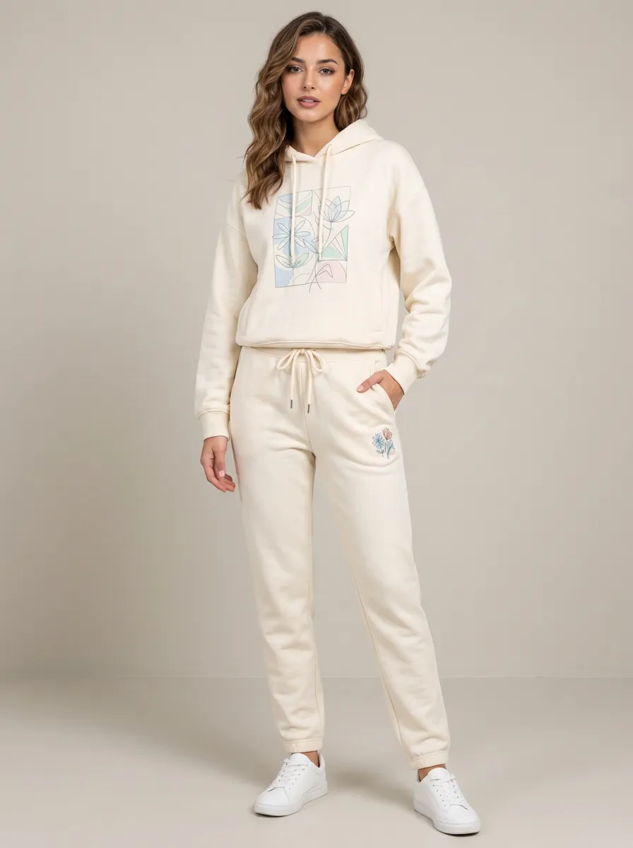 Women's Cream Solid Hoodie & Pants Set