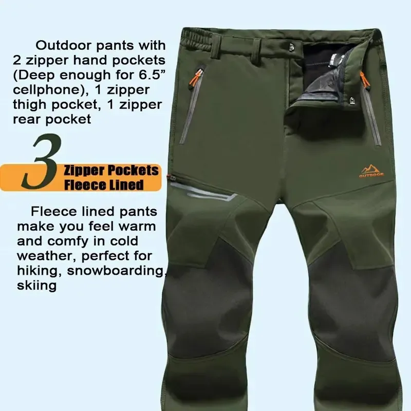 Men's Winter Pants Fleece Lined Ski Snow Pants Water Resistant 4 Zip Pockets Outdoor Work Pants FallFreshness Outdoorfun