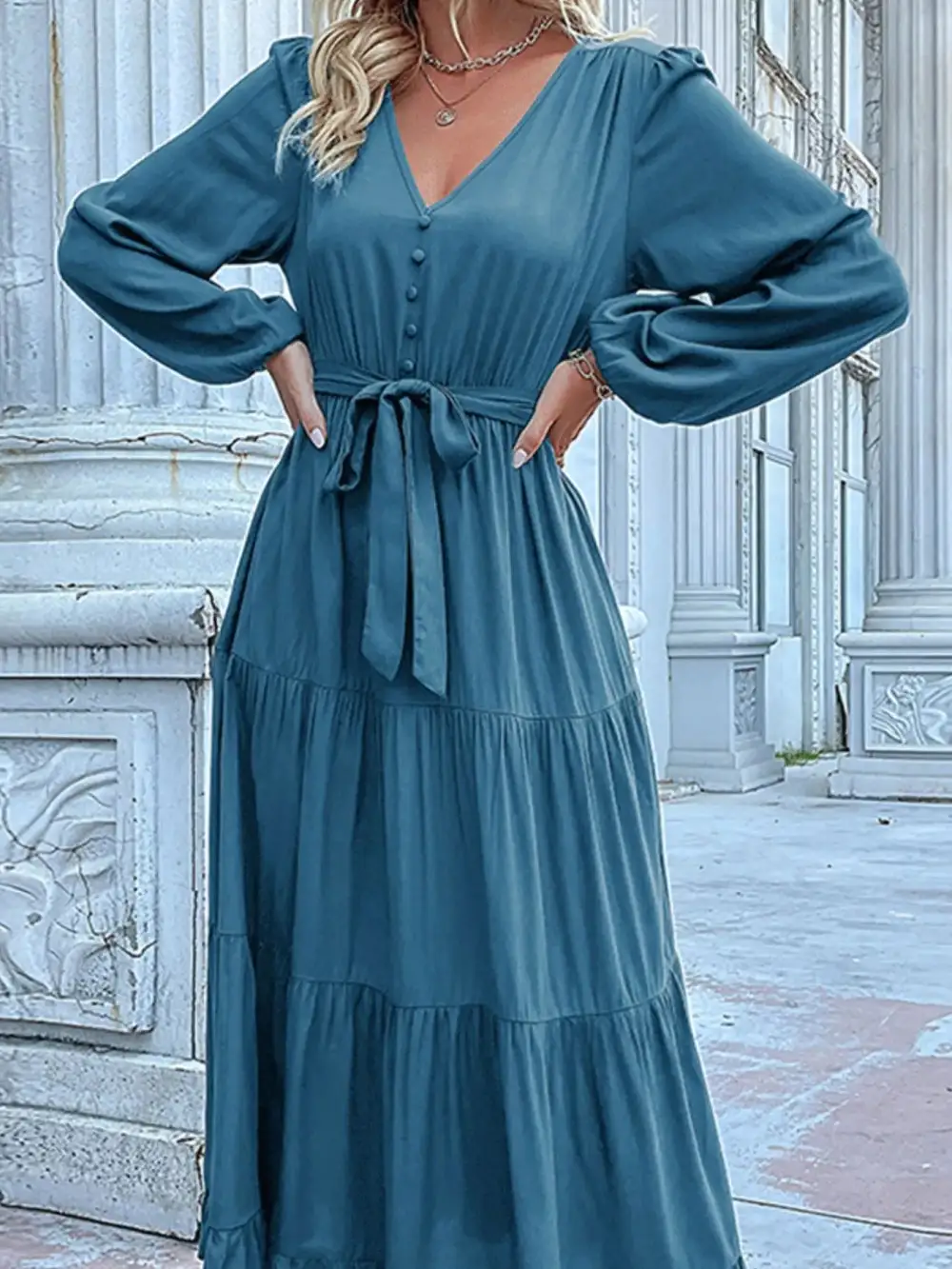 Smooth Finish V Neck Ruffle Dress