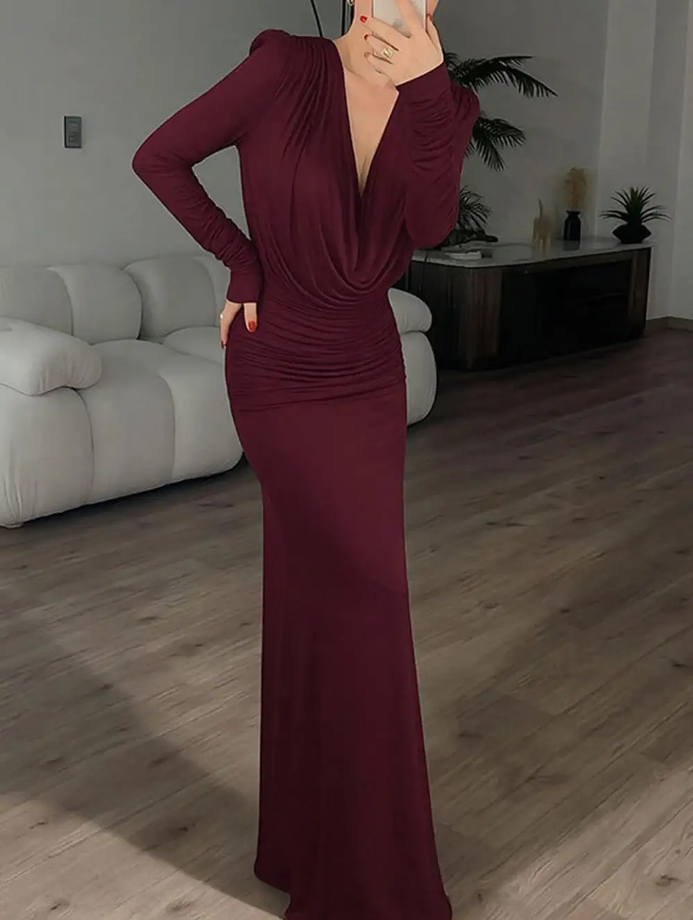Textured Detail Slim-Fit V-Neck Dress
