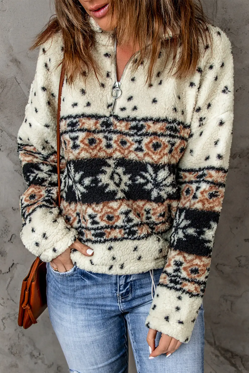 Tribal Printed Zipped Fleece Sweatshirt
