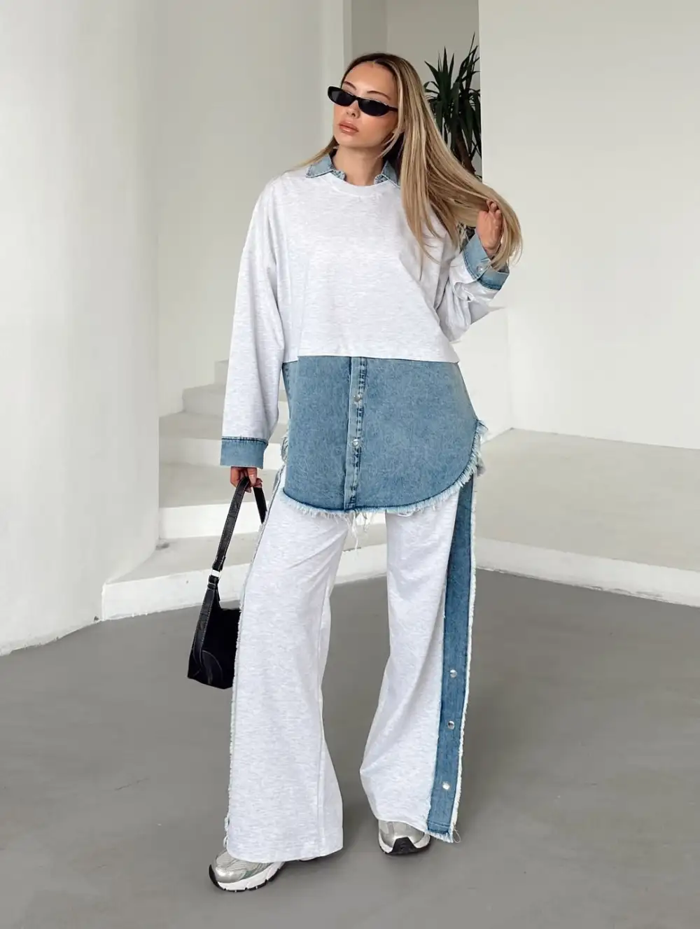 [6Pack]Women'S Knitted Patchwork Denim Top & Pants Set