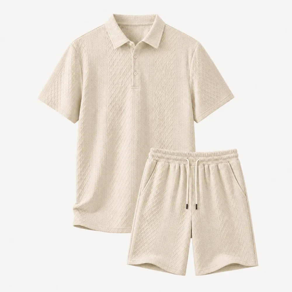 Men's Textured Knit Polo & Shorts Set