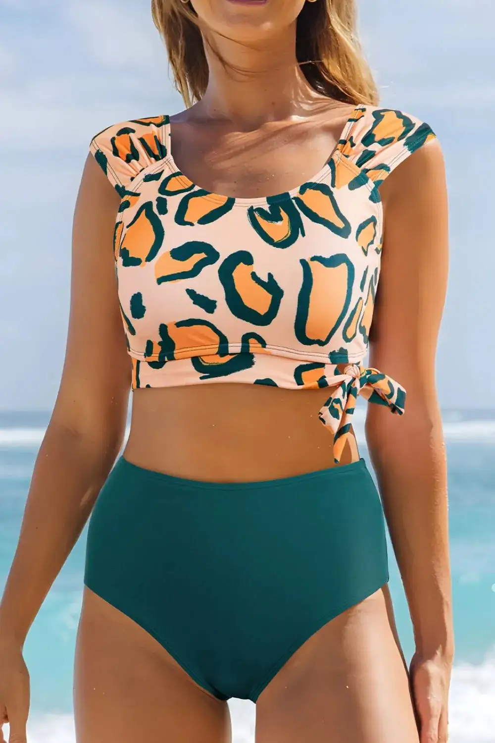 Leopard Print U Neck Knotted Bikini Swim Set