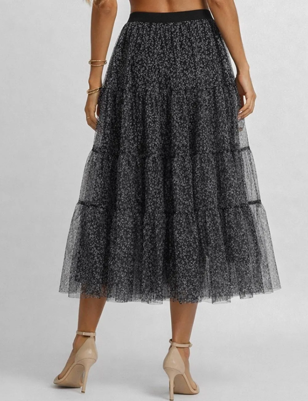 Elastic Waist Mesh Tiered Hem Maxi Skirt