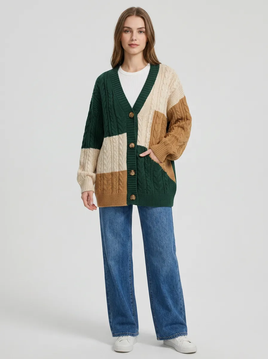 Women's Colorblock Cable Knit Cardigan Ribbed-Knit