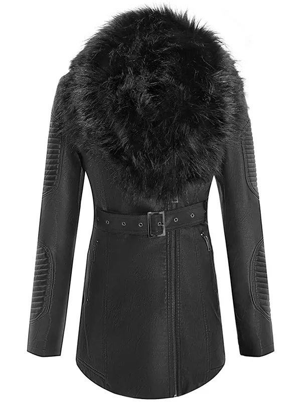 Ladies PU autumn/winter leather jacket with detachable faux fur collar