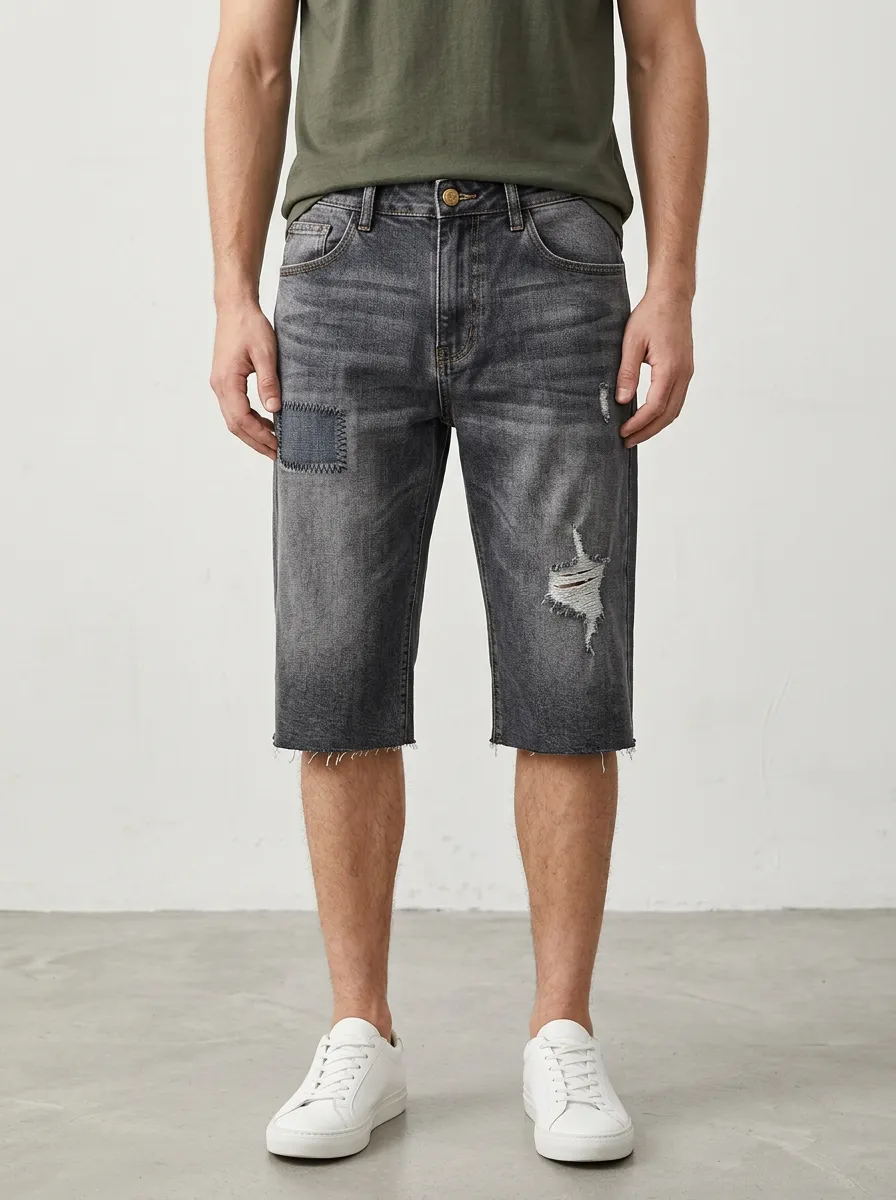 Men's Refined Patchwork Distressed Raw Hem Distressed Denim Shorts
