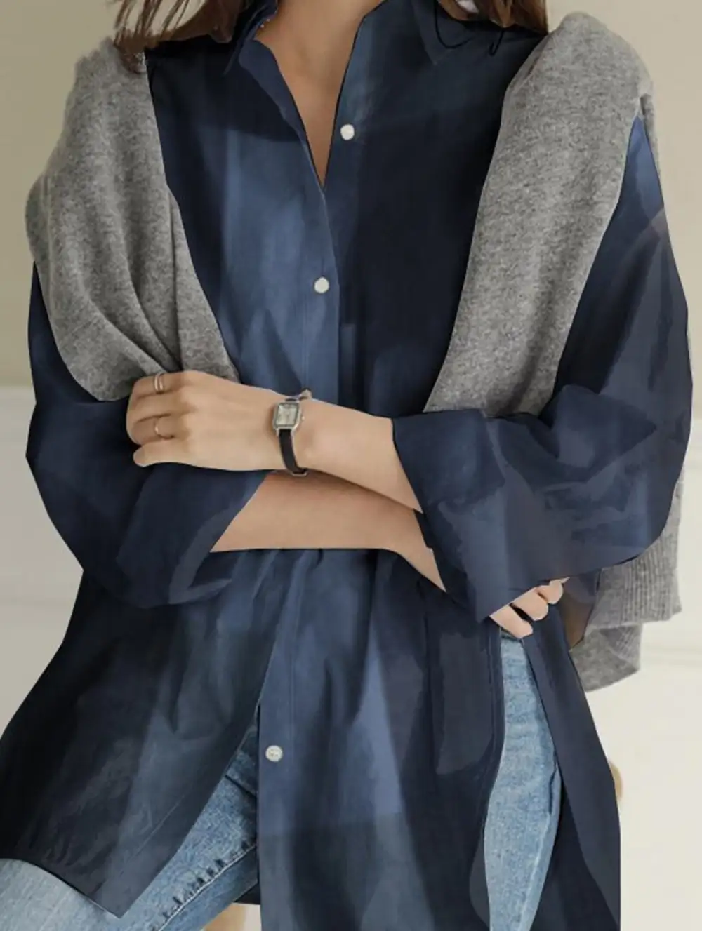 Long-Sleeved Plaid Irregular Shirt