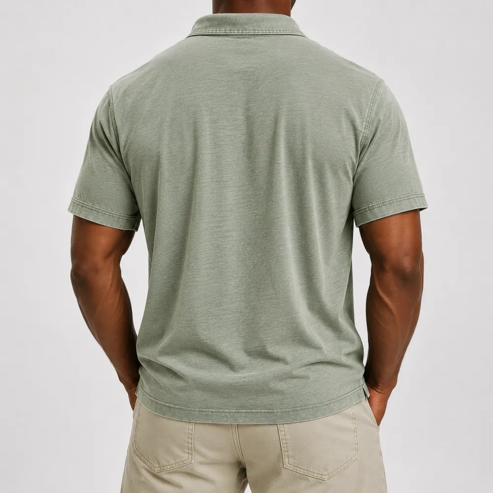 Men's Washed Cotton Blend Pocket Polo Shirt, Lightweight Breathable 3-Button Relaxed Fit