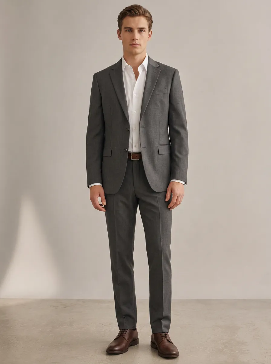 Men's Short Sleeve Business Formal Charcoal Grey Solid Two-Piece Suit