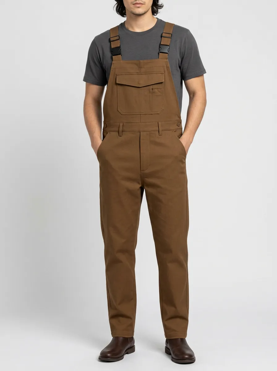 Men's Casual Brown Solid Color Cotton Bib Overalls