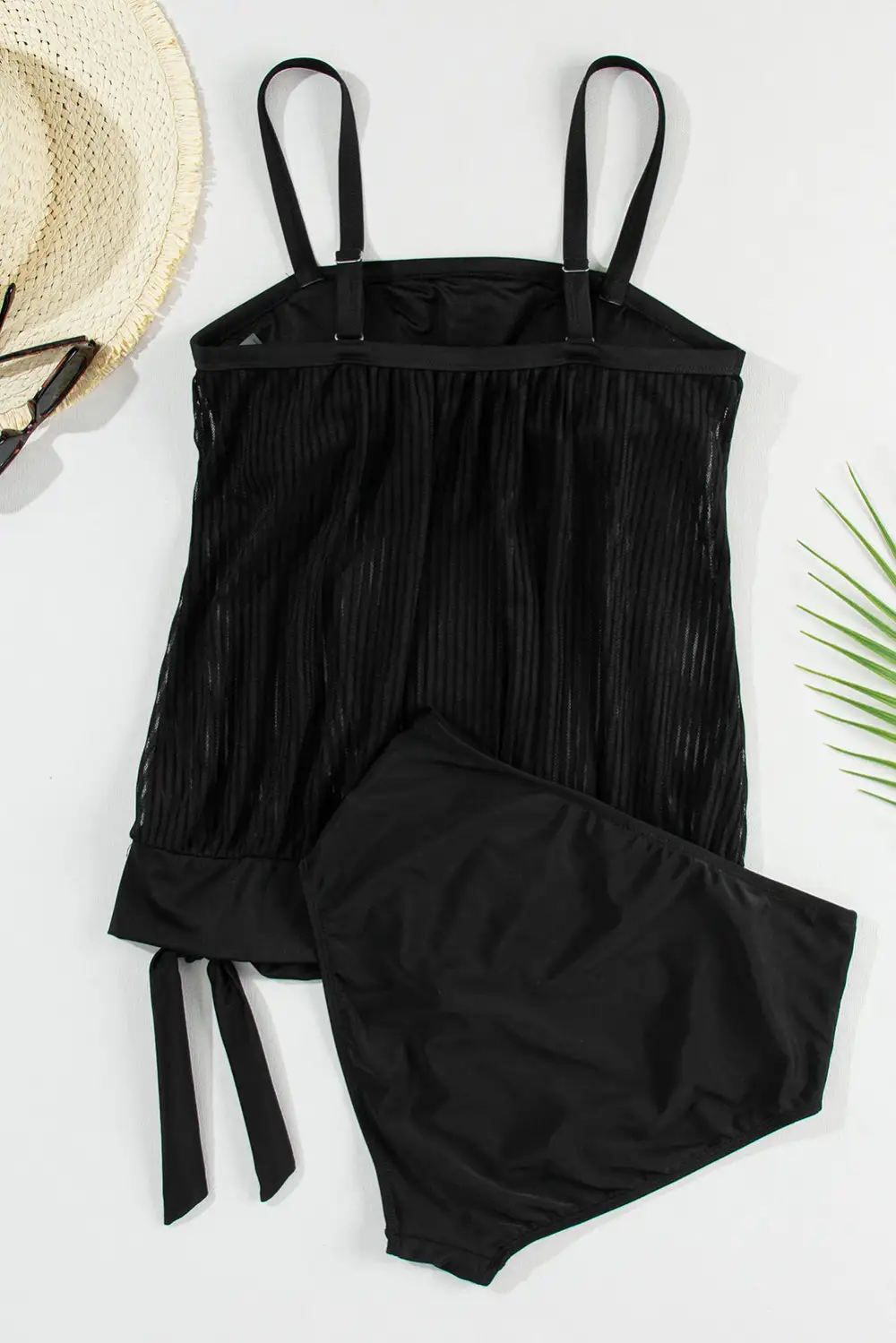 Striped Mesh Knotted Hem Tankini Swim Set
