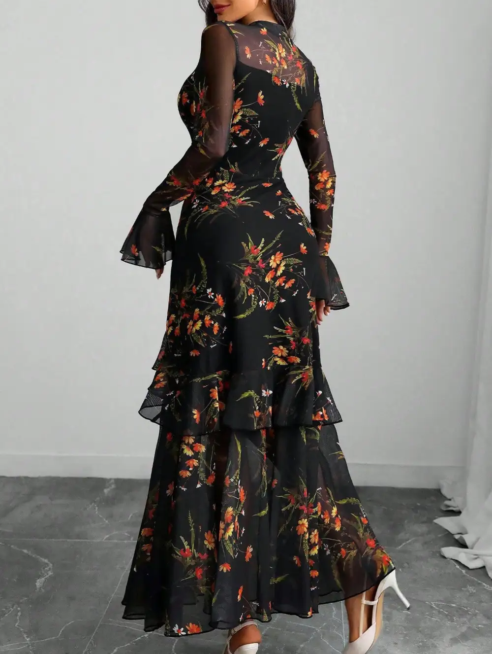 Dress With Lotus Leaf Sleeve And Floral Print