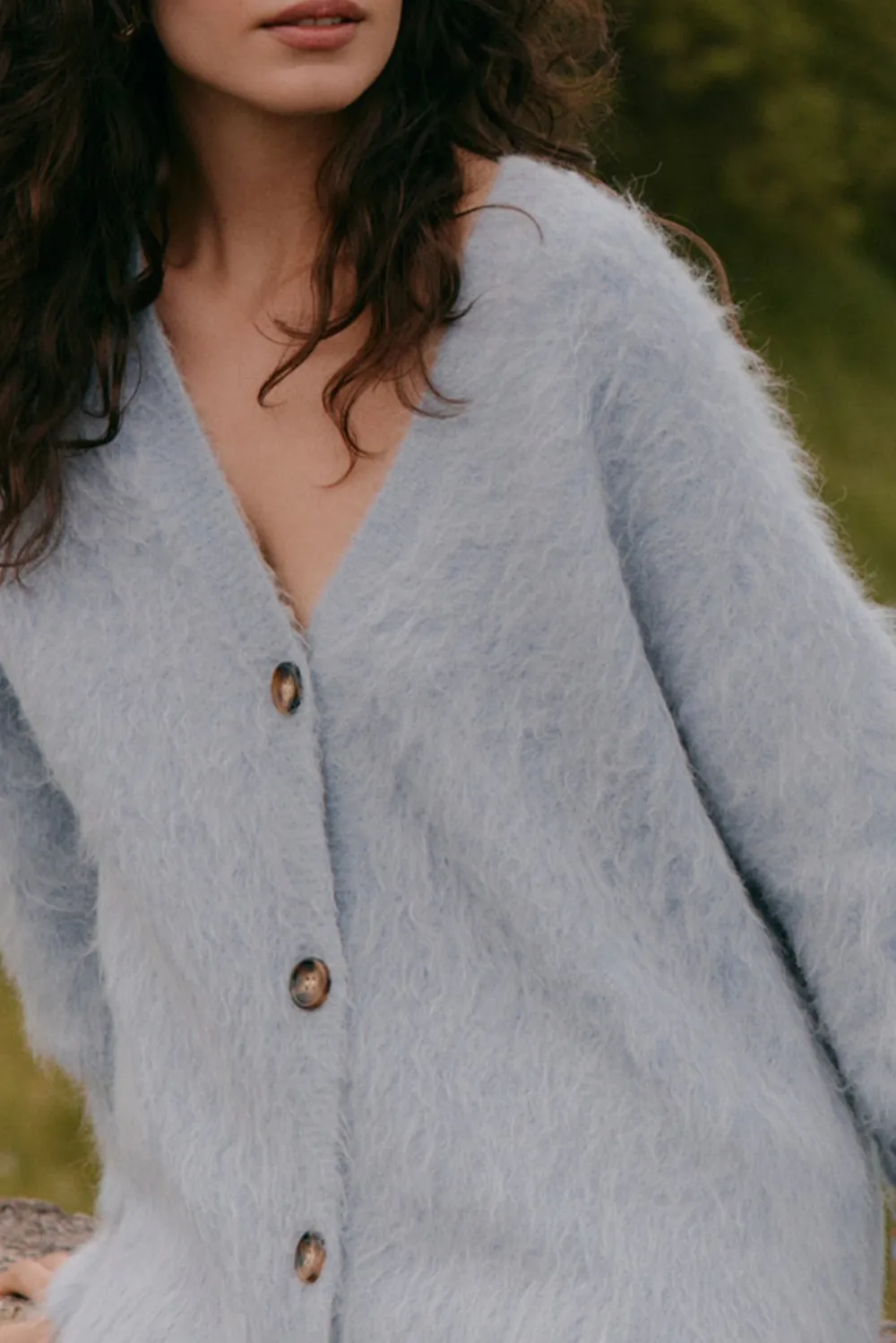 Fuzzy V Neck Button Front Cardigan