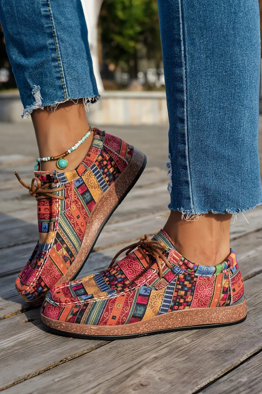 Western Print Faux Suede Lace-Up Slip-On Sneakers