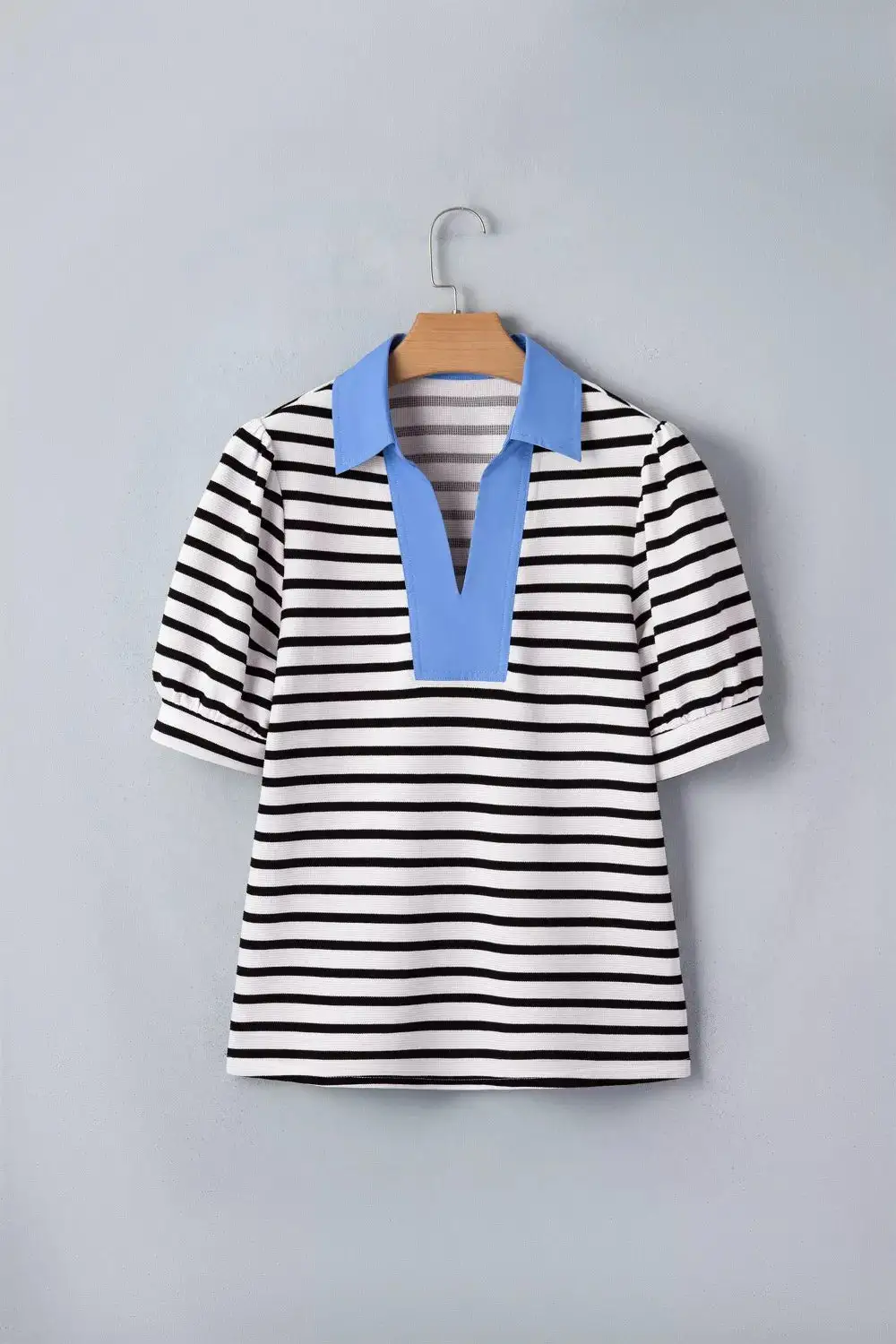 Striped Puff Sleeve Blouse Contrast Collar