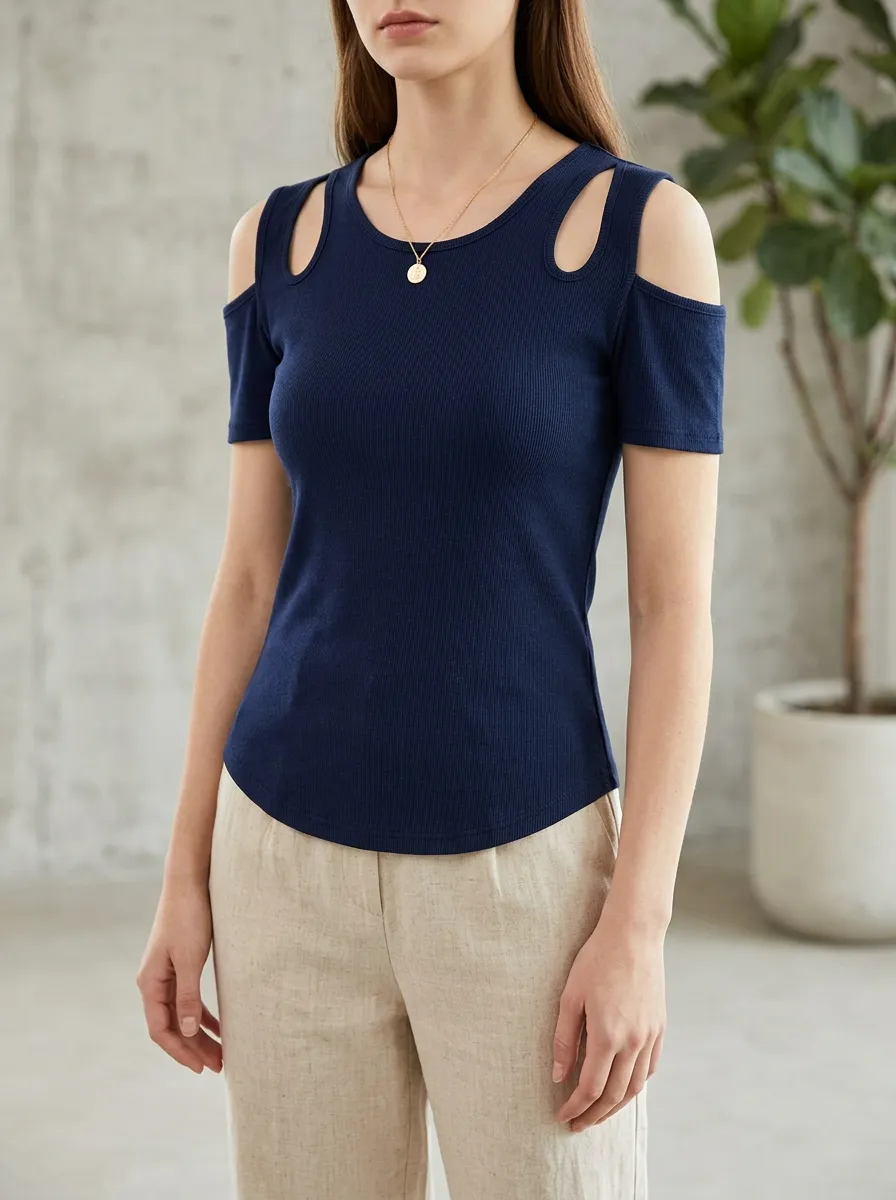 Women's Navy Blue Ribbed Cold Shoulder Cutout Top