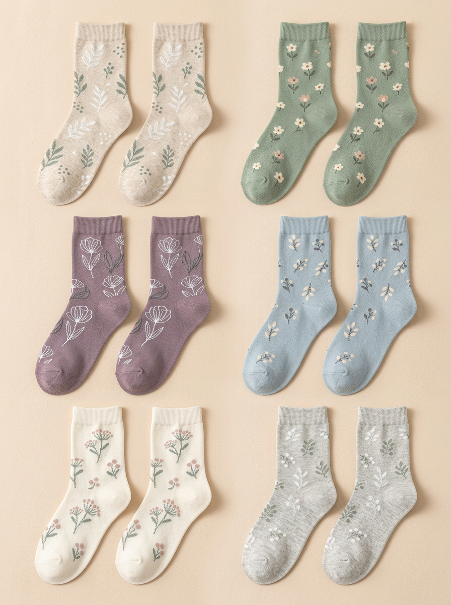 Women's Six-Pair Botanical Floral Crew Sock Set