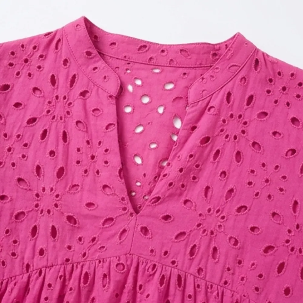 V Neck Flowy Eyelet Midi Dress