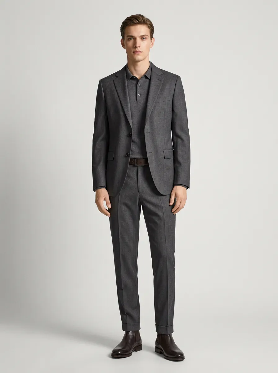 Men's Business Casual Grey Solid Wool Blend Suit Set