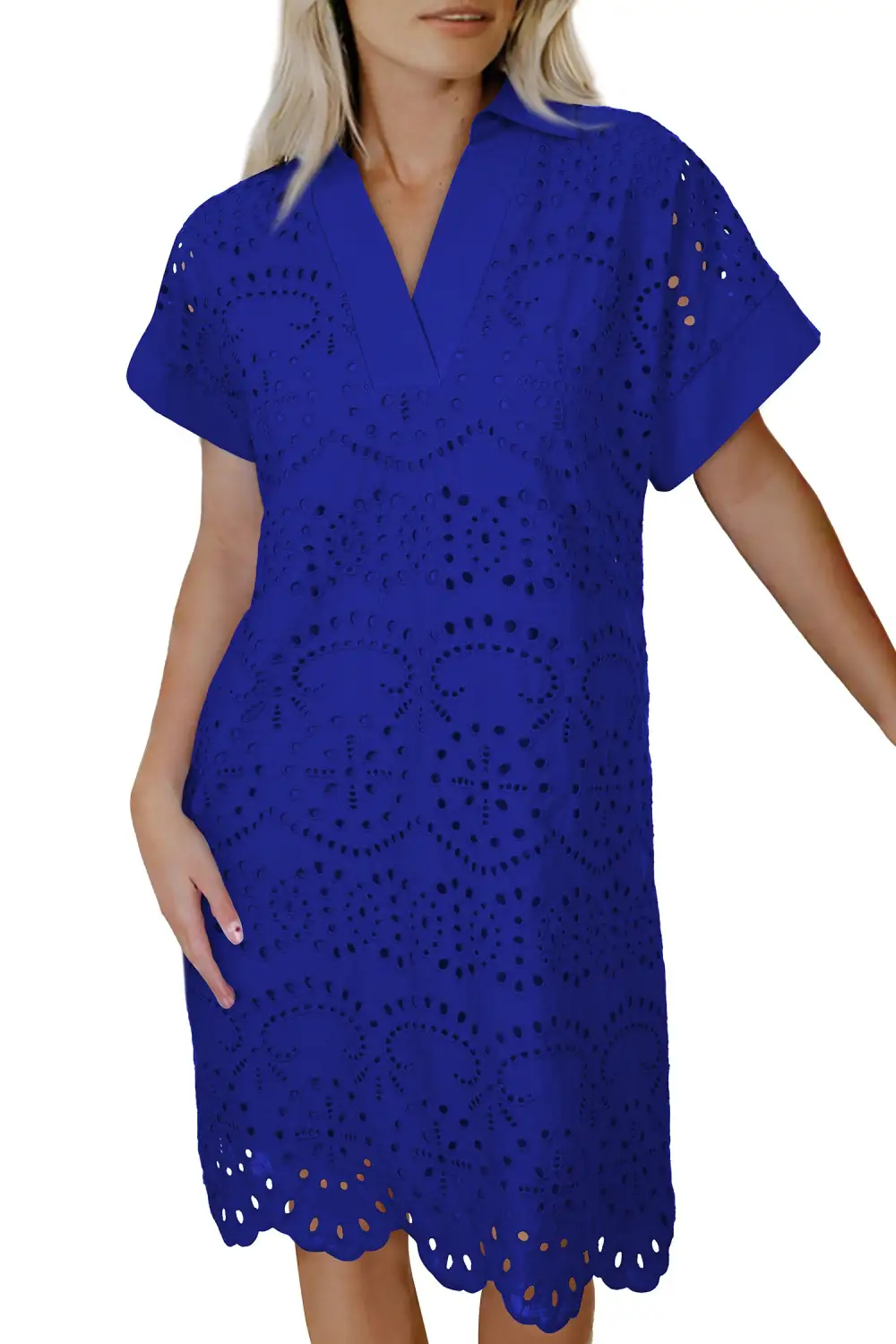 Dark Solid Color Eyelet Embroidered T Shirt Mini Dress