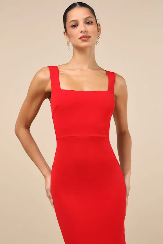 Moment Maker Black Square Neck Trumpet Midi Dress