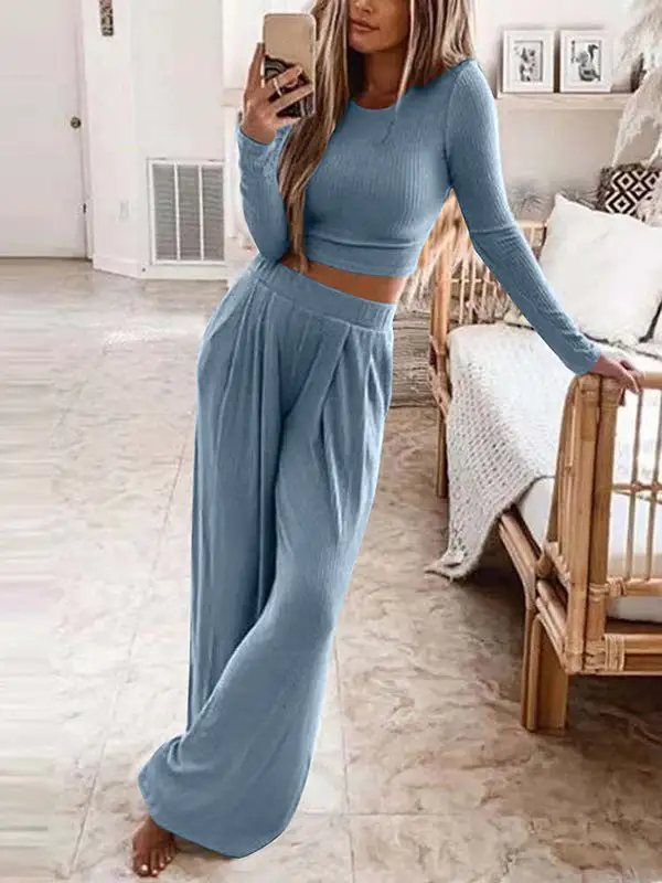 Round Neck Long Sleeve Blouse And Pants Set