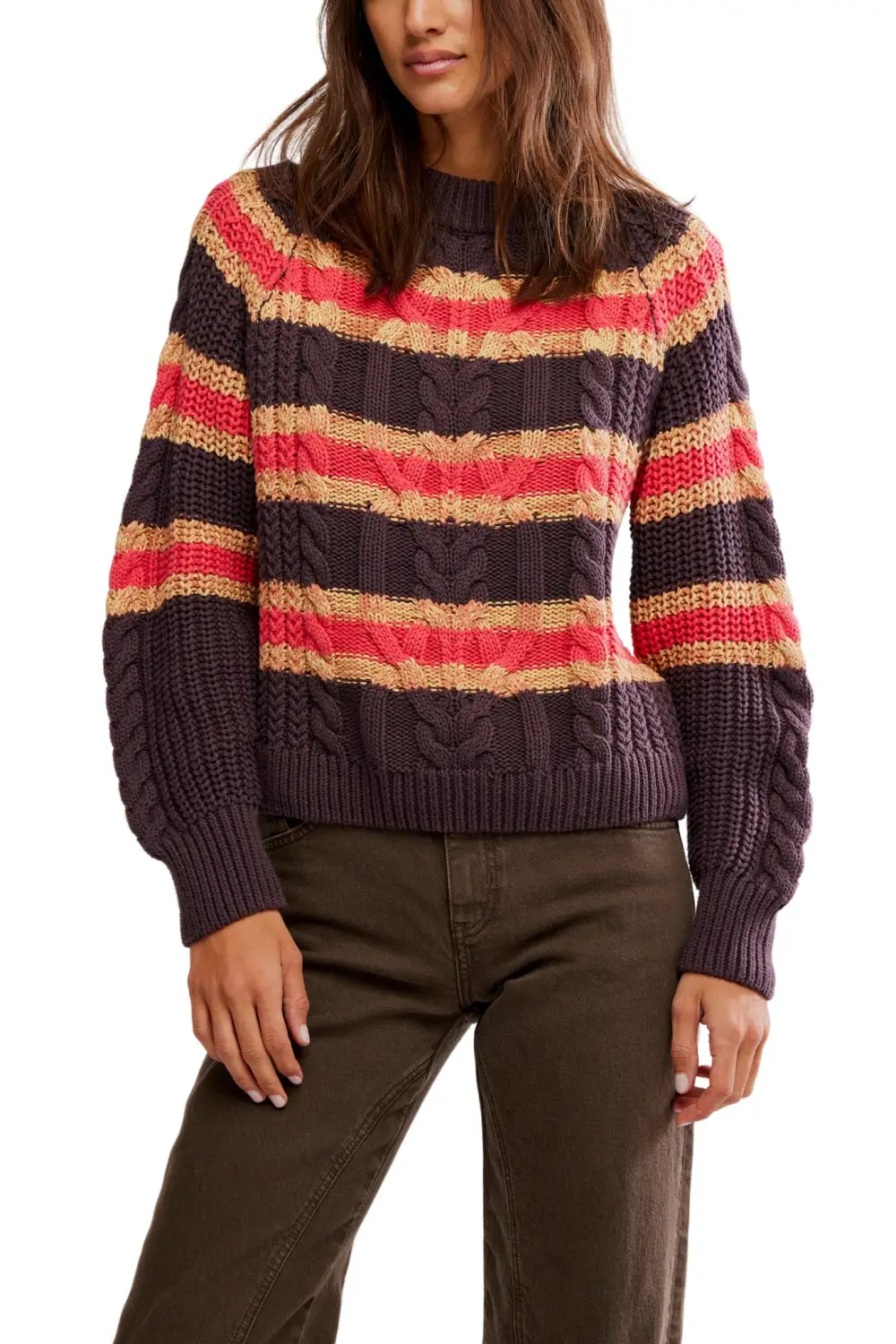 Striped Cable Knit Cropped Boxy Pullover Sweater