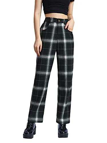 Women's Tartan Plaid Mid Waist Straight Pants