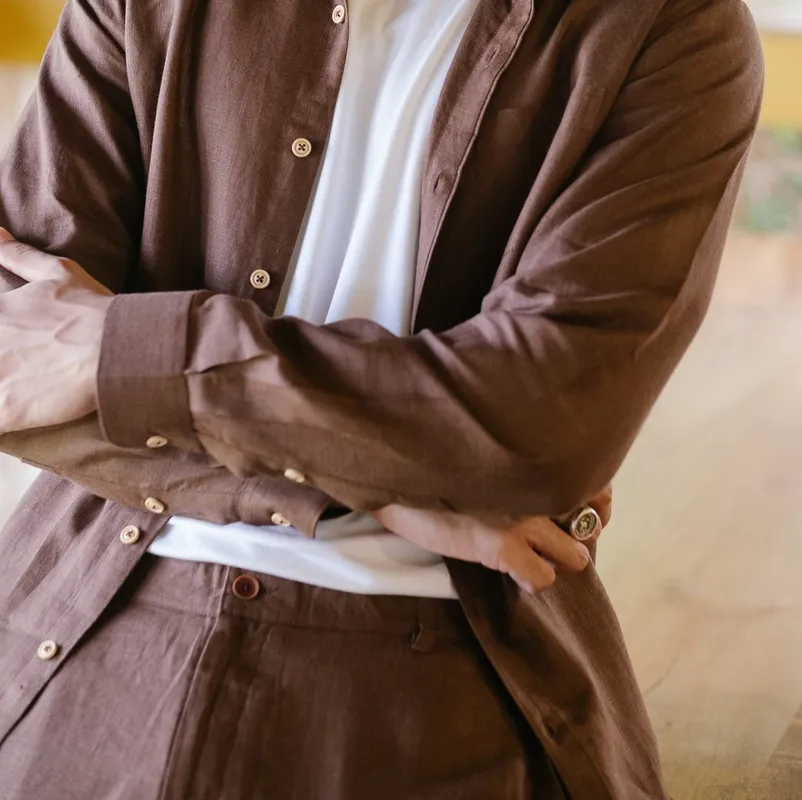 Brown Linen Button-Up Shirt