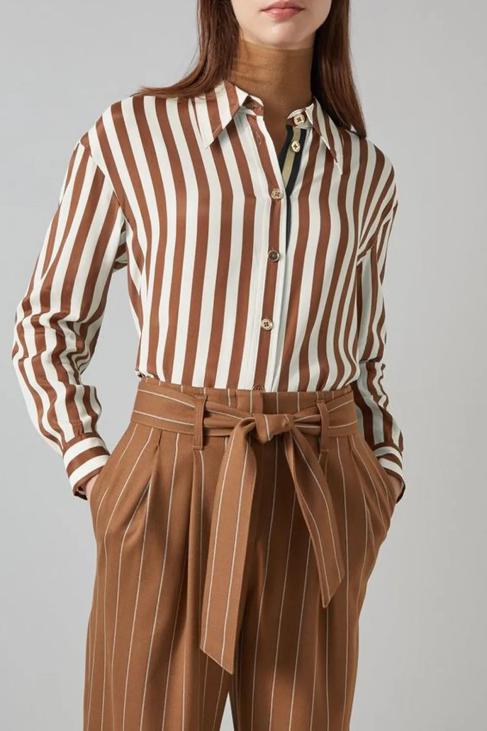 Brown Striped Long Sleeve Button Down Shirt
