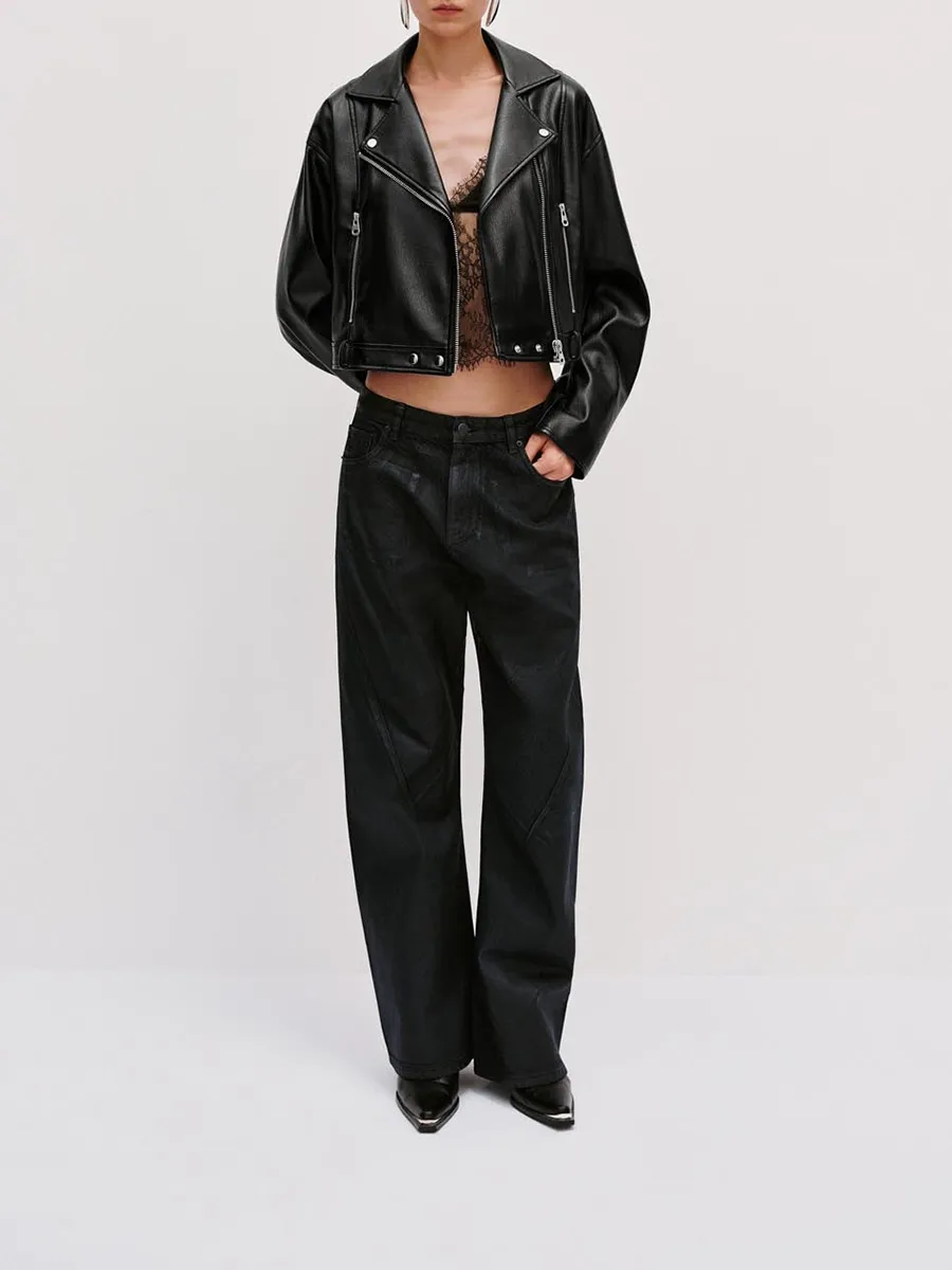 Ladies' Black Zipper Large Lapel Elegant Classic Style Jacket