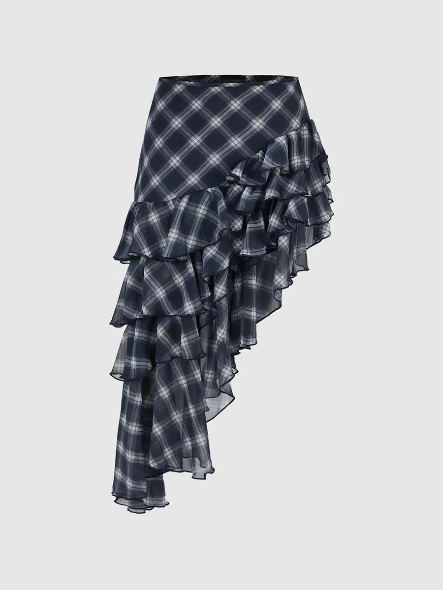 Lady's Dark Grey Checkered Asymmetrical A-Line Pleated Dress