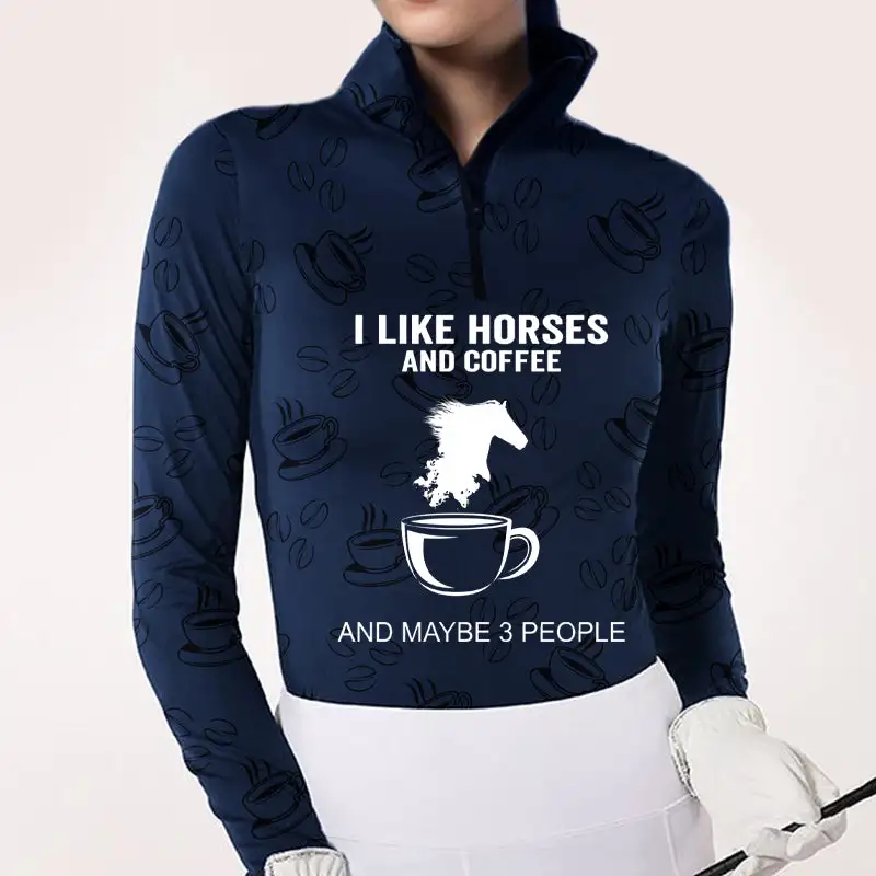 Women's Riding Style Horse And Coffee Print Long Sleeve Casual Shirt
