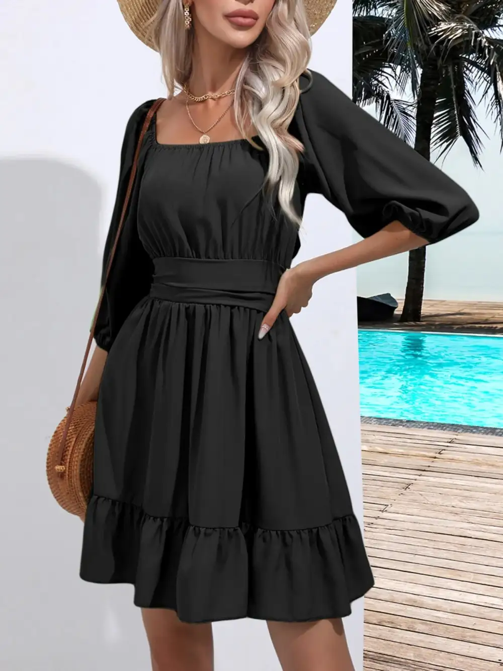 Smooth Finish Square Neck Ruffle Dress