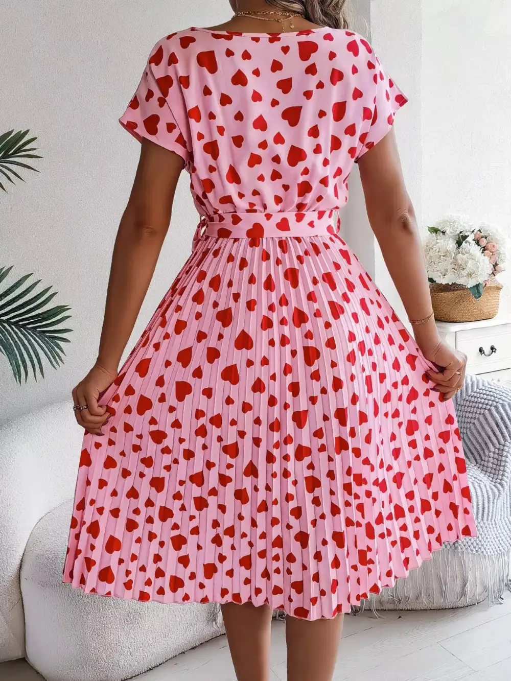 Printed Tie Waist Pleated Midi Dress