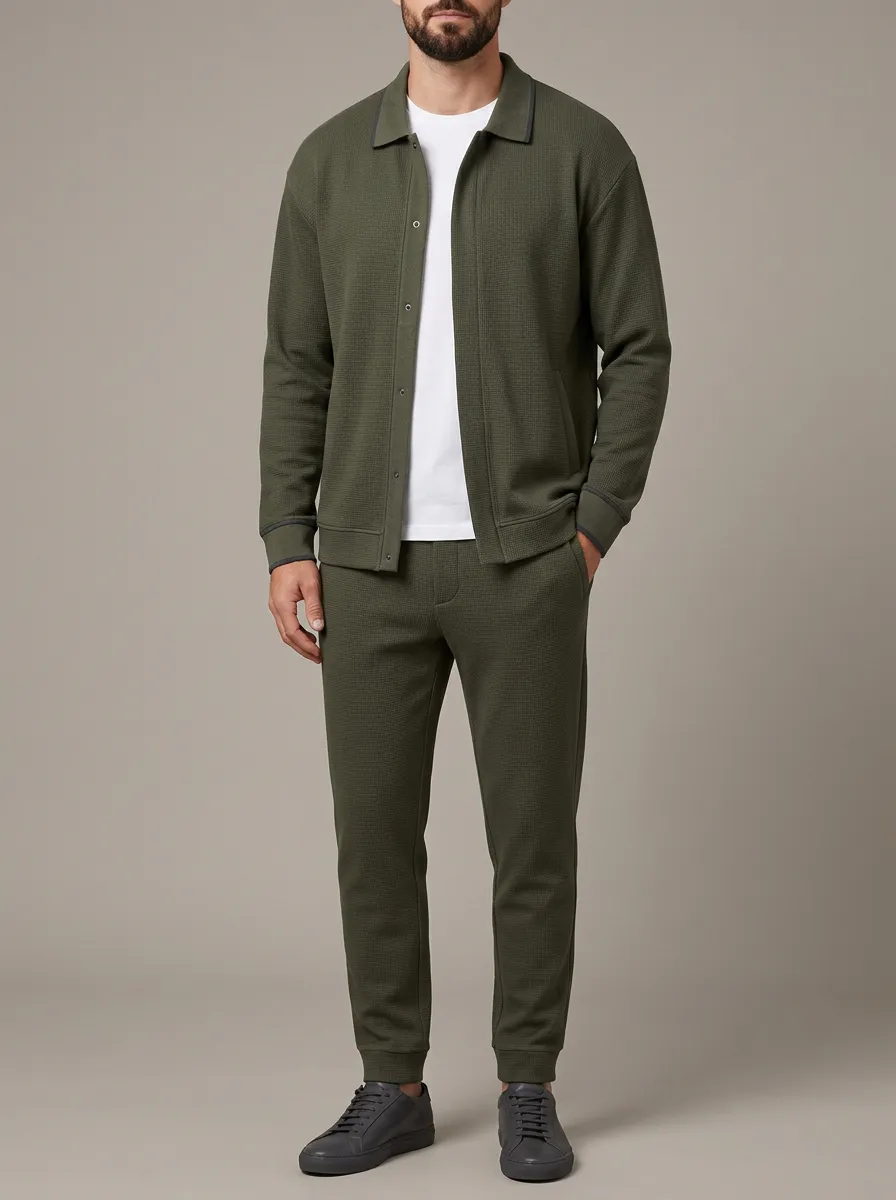 Men's Refined Waffle Textured Polo Collar Jacket and Jogger Pants Set