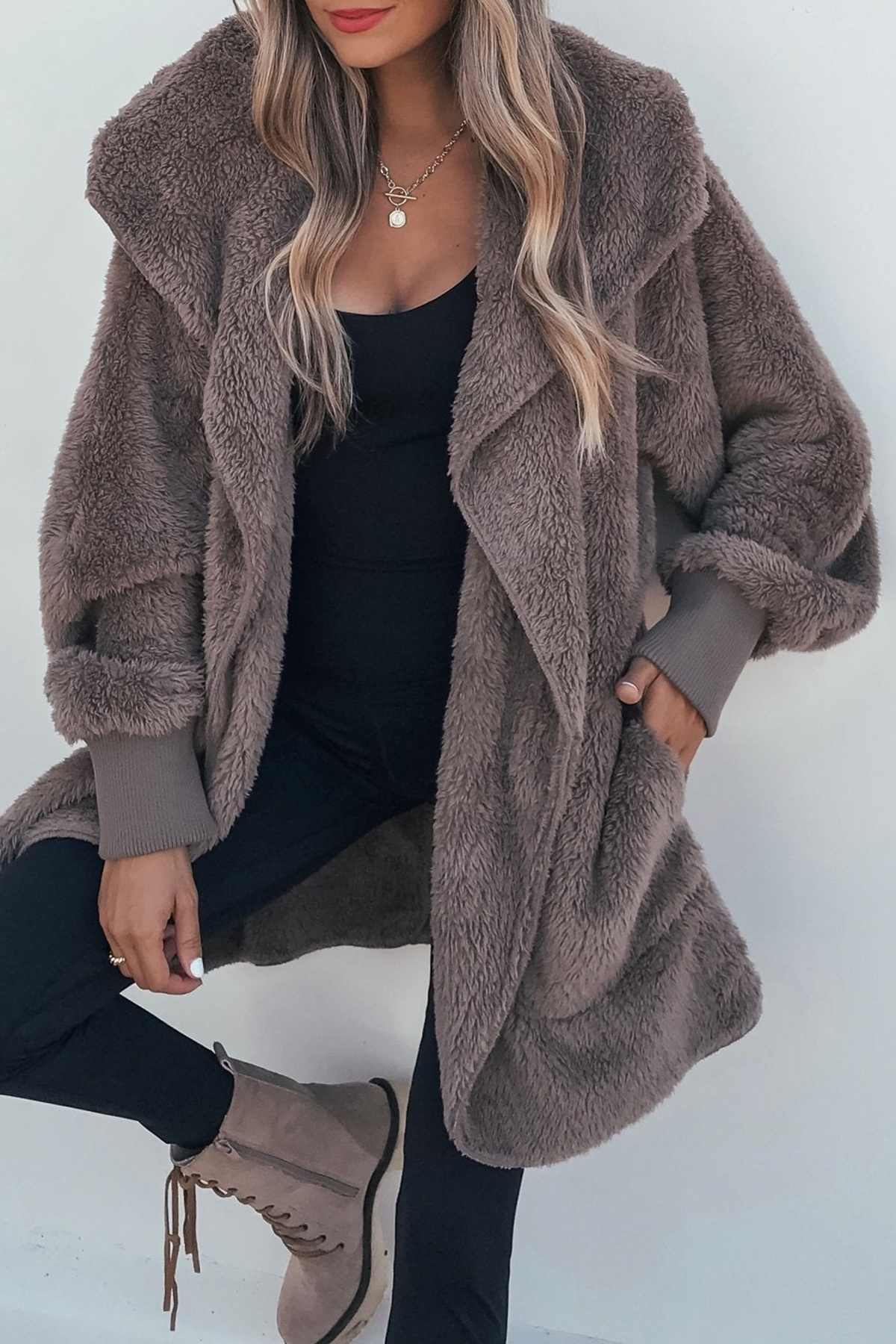 Teddy Fleece Hooded Cardigan - Brown