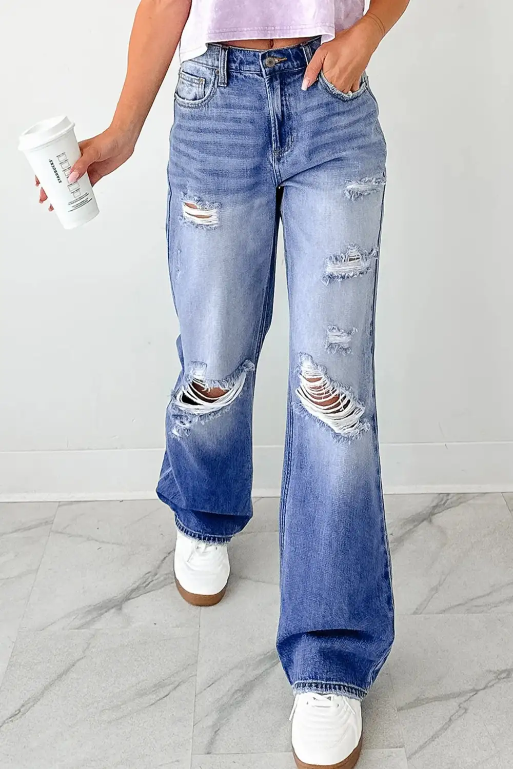 Mid-Rise Distressed Straight Leg Jeans