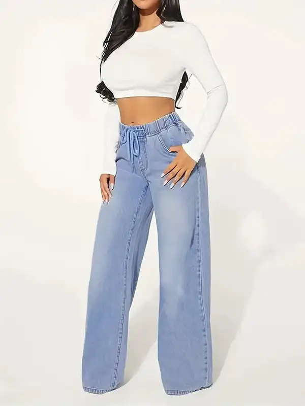 High Waist Relaxed Fit Straight Leg Seamed Drawstring Elastic Waist Jeans