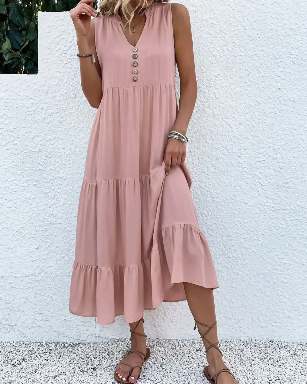 12PACK-Contrast Color Cotton And Linen Casual Dress