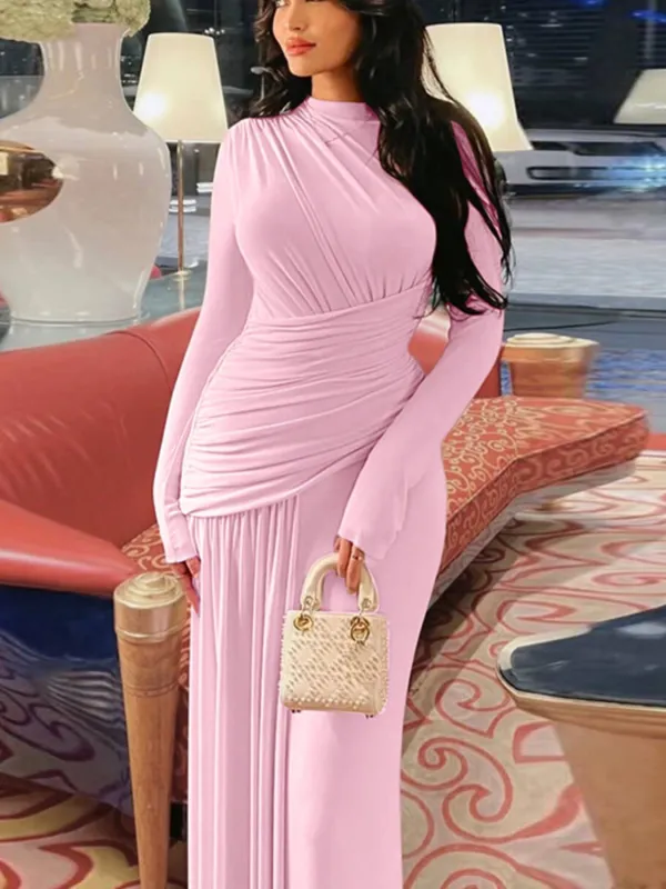 Layered Detail Ruched Long Sleeve Maxi Dress