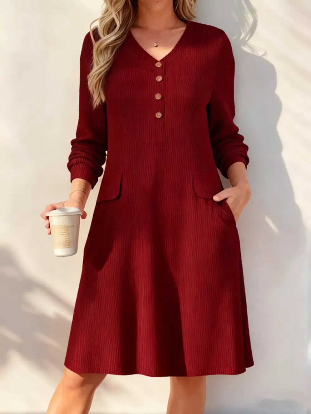 Ribbed Knit V-Neck Dress