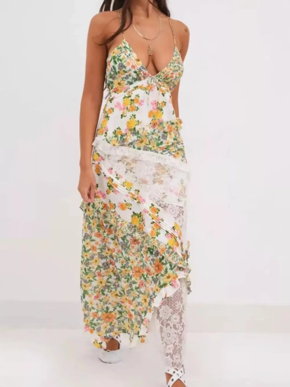 Floral Lace V Neck Maxi Dress