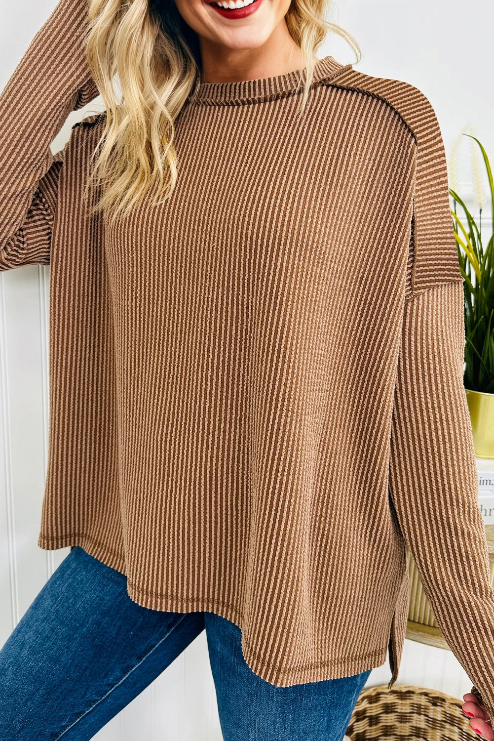 Women's Ribbed Long Sleeve Loose Fit Top